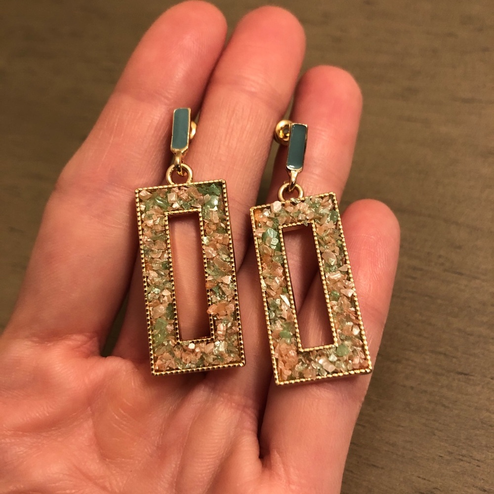 Gold and Multicolor Pastel Faux Gemstone Rectangular Drop Dangle Earrings